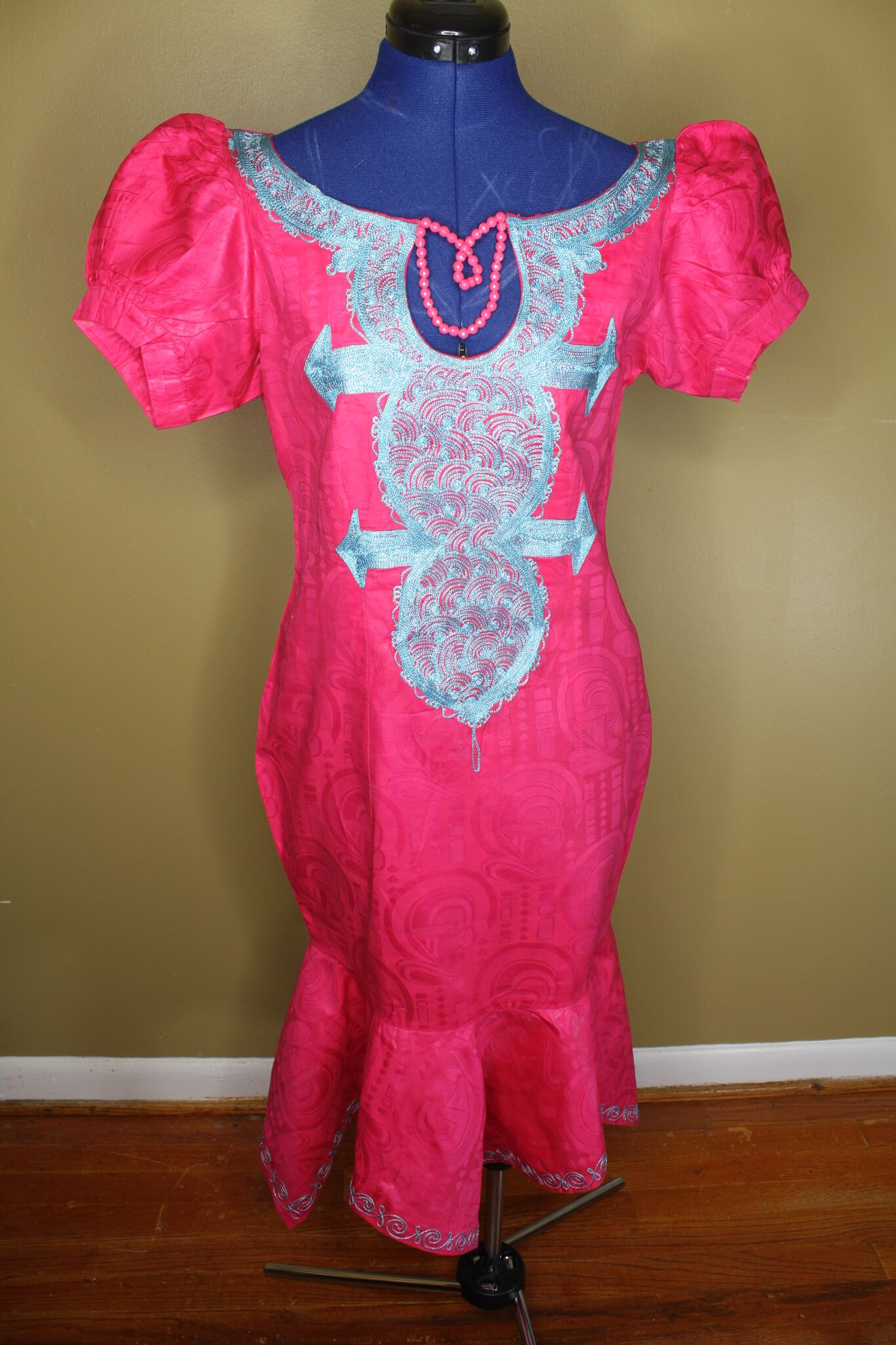 Pink Bazin Dress With Blue Embroidery and Pink Beads – Jacqueline Ayo ...